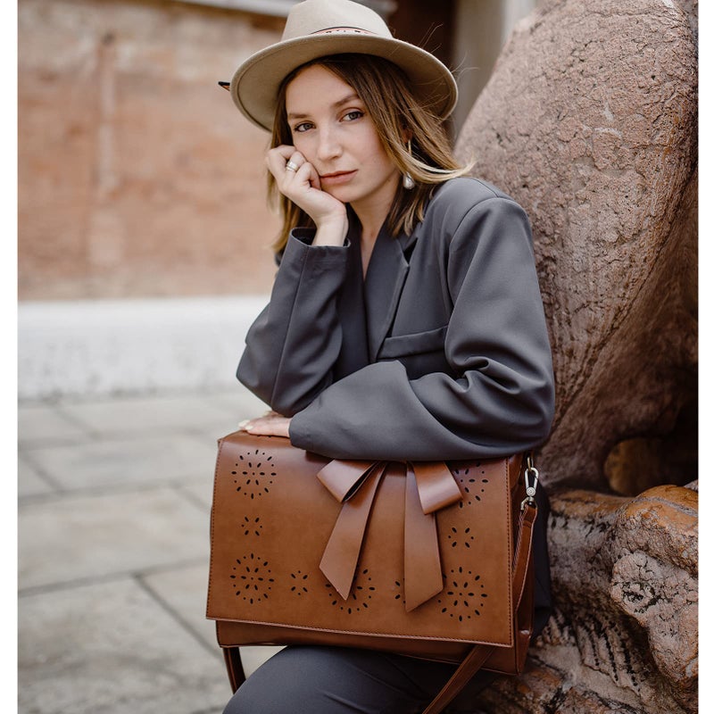 ECOSUSI Women's Briefcase Vegan Leather 15.6 inch Laptop Bag for Work Computer Shoulder Satchel Bag with Detachable Bow, Coffee - Image 2